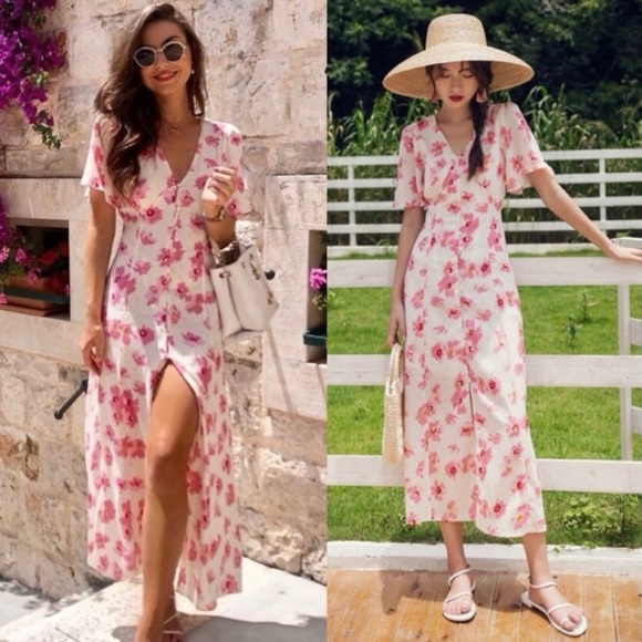 Zara Yellow Pink Floral Button Front Puff Sleeve Midi Dress Size M - Picture 2 of 16